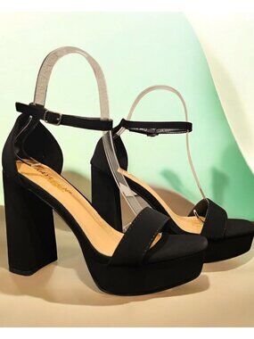 Black High-Block Heel Sandals With Ankle Strap Womens  Nubuck Material Platform
